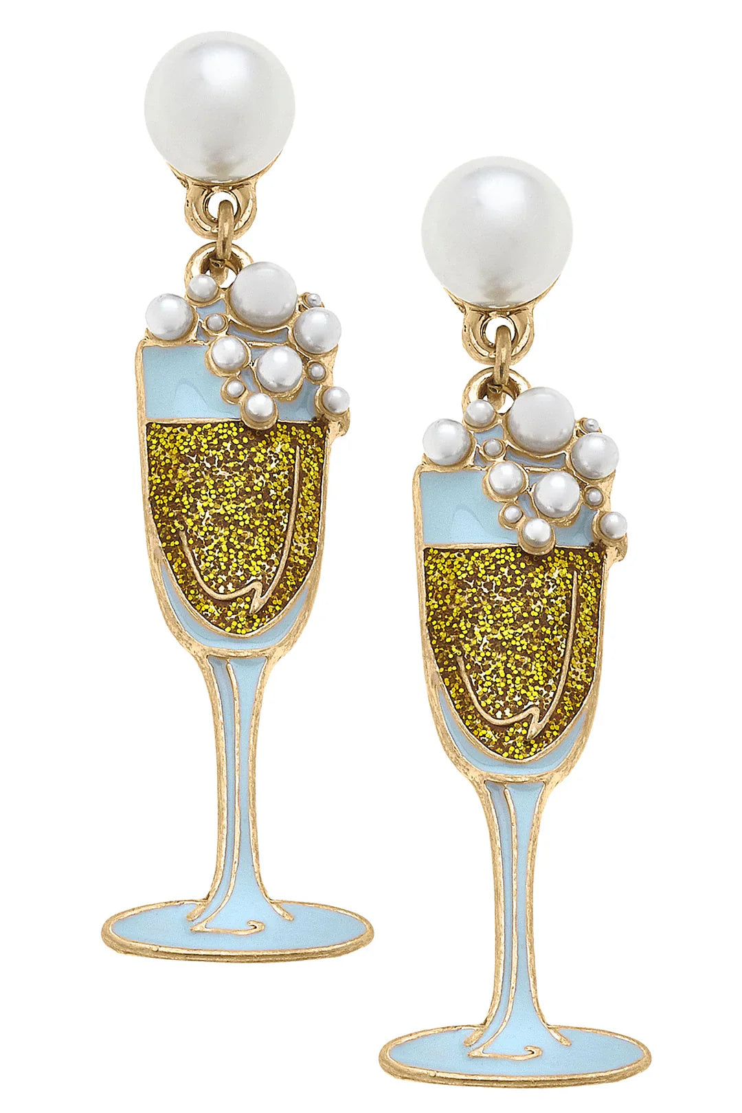 Glass of Bubbly Pearl Enamel Earrings in Gold