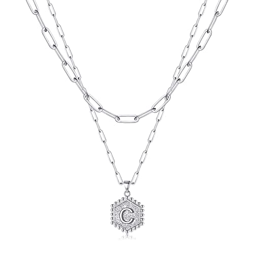 Silver Layering Initial Necklaces for Women, Silver Paperclip Chain Necklace for Women Simple Cute Hexagon Letter Pendant Initial C Necklace Choker Necklaces Silver Layered Necklaces for Women