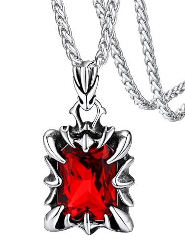 FaithHeart Punk Biker Red Stone Dragon Claw Pendant Necklace for Men Vintage Goth Claw Protection Necklace with 22+2" Adjustable Chains