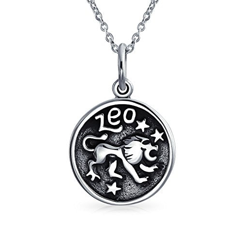 Round Medallion Leo Zodiac Sign Astrology Horoscope Pendant Necklace For Men Women Oxidized .925 Sterling Silver