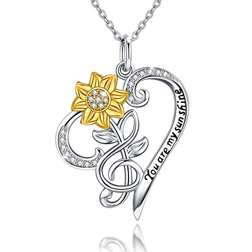 Sunflower Necklace S925 Sterling Silver - You are My Sunshine Necklace Sun Flower Heart Pendant Musical Note Jewelry for Women Lover Friends Valentine's Day Gifts
