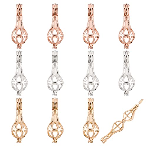 arricraft 12 Pcs 3 Colors Bead Cage Charms, Mixed Color Alloy Spring Pendants Vase Shape Spiral Locket Pendants for Necklace Bracelet DIY Crafts