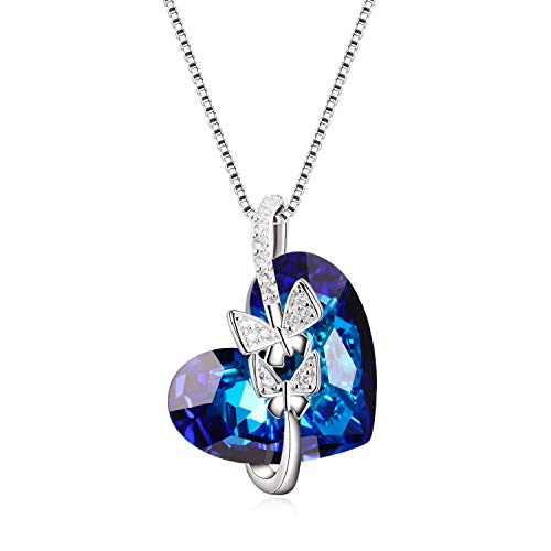AOBOCO Sterling Silver Heart Necklaces for Women Blue Austrian Crystals Rose Butterfly Jewelry Anniversary Birthday Gift for Daughter Lover Niece Wife Girlfriend Sister Friend (Butterfly Heart Blue)