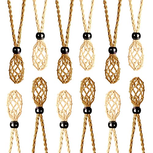 Anjiucc 12 PCS Crystal Cage Necklace Holder Necklace Cord Empty Stone Holder Pendant Stone Holder Replacement Hand-Woven Necklace Cord with Adjustable Length(Coffee + Khaki)