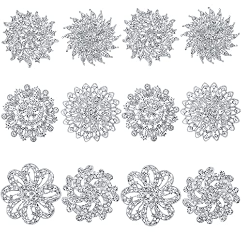 MEEDOZ Crystal Rhinestone Flower Brooch Pin Set for Women DIY Wedding Party Bouquet Kit Applique Embellishment Craft Decor (Silver 12pcs)