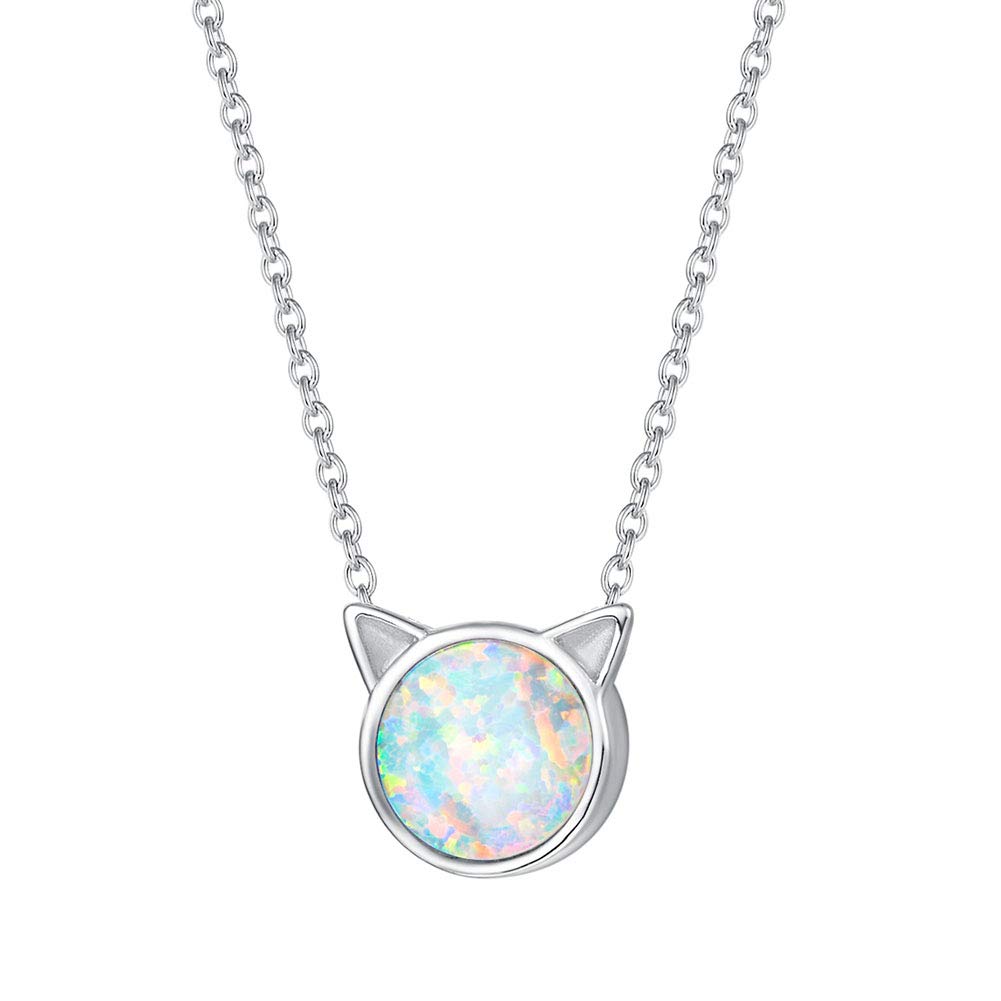 FANCIME Sterling Silver Cat Necklace White Created Opal Cat Pendant Cute Necklace Small Animal Jewerly For Women 18"