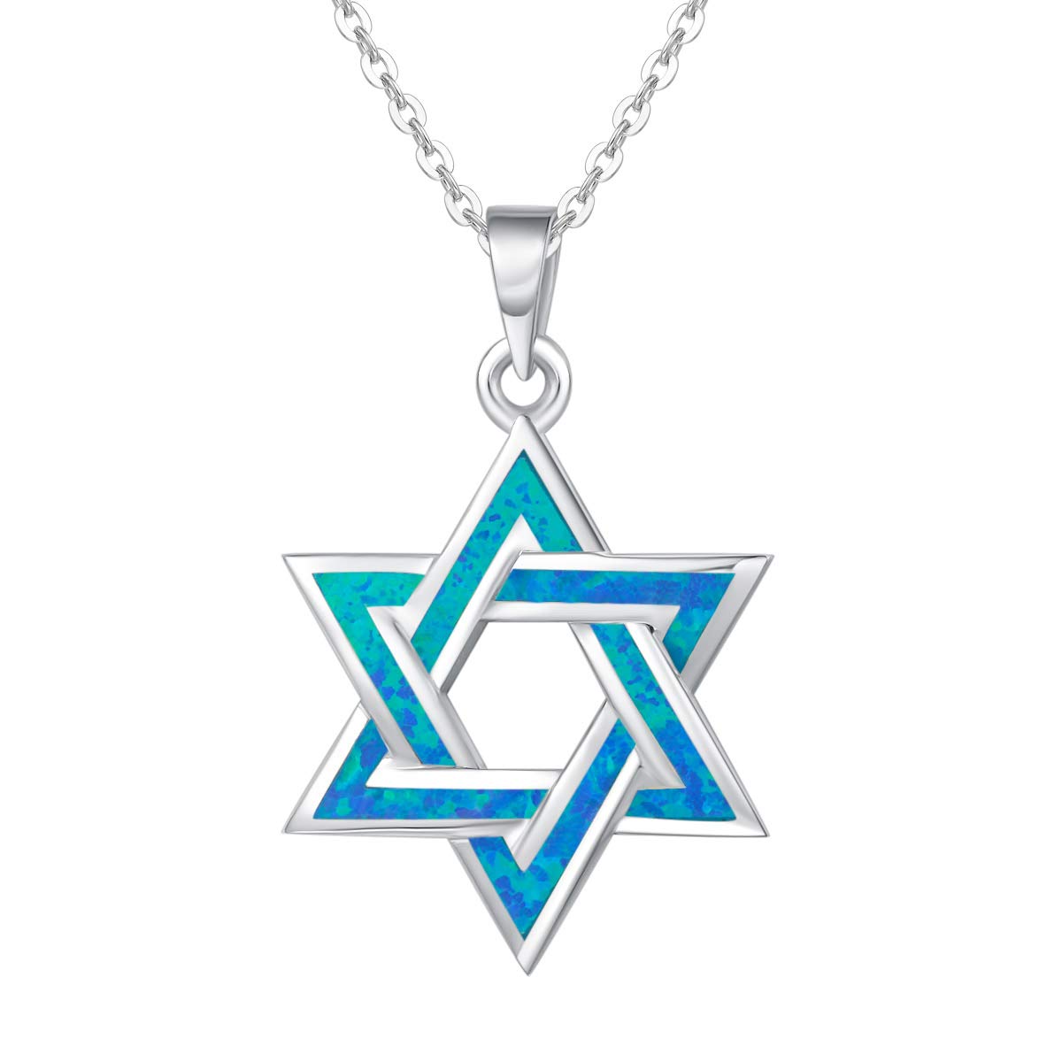 FANCIME Star of David Necklace for Women Hanukkah Gifts 925 Sterling Silver Blue Created Opal Necklace Charm Geometric Pendant Jewelry for Women