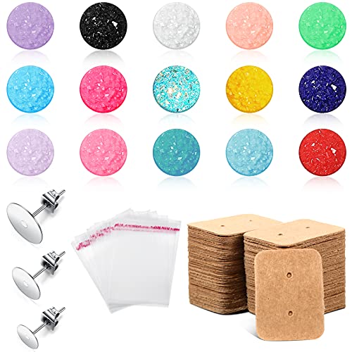 500 Pieces Stainless Steel Earring Stud Kit, Faux Druzy Stud Earrings Set Include Earring Post with Back Mixed Color Faux Quartz Earring Card and Clear Cellophane Bag for Jewelry (Chic Color)