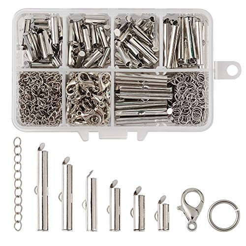 Pandahall 120pcs/1Box 6Sizes Iron Slide On End Clasp Tubes Slider with Extender Chains 304 Stainless Steel Jump Rings & Alloy Lobster Claw Clasps 10mm/13mm/16mm/20mm/25mm/30mm for Jewelry Making