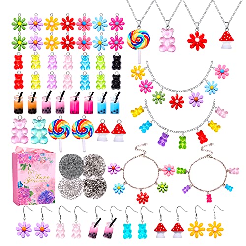 HSWE 263 PCS Charm Bracelet Making Kit,Colorful Gummy Candy Bear Milk Tea Lollipop Flower Pendant Charms Cute Funny Mushroom Earring Necklace DIY Jewelry Craft Making for Girls Teens