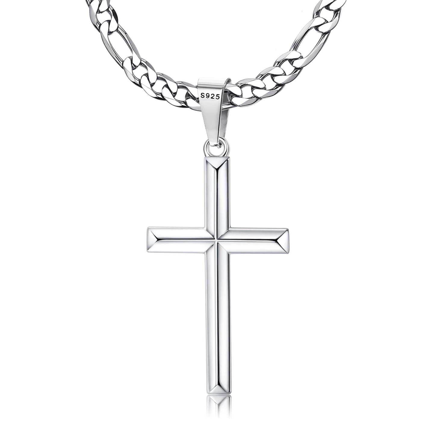 MILACOLATO 925 Sterling Silver Cross Necklace for Men Women 5mm Strong Diamond-Cut Stainless Steel Figaro Link Chain 24 Inches Womens Mens Cross Pendant Chain Necklace Jewelry