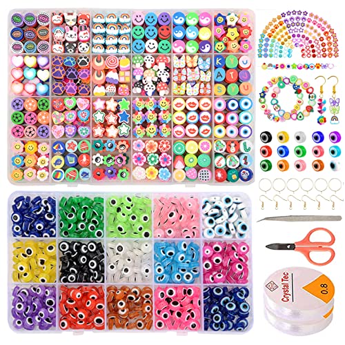 24 Style Fruit Flower Polymer Clay Beads 480 Pcs Animals Star Rainbow Cute Smiley Bead for Jewelry Earring Necklace Making & 15 Style Flat Round Evil Eye Charms Bracelets Kit for Craft DIY Anklets Earring Making