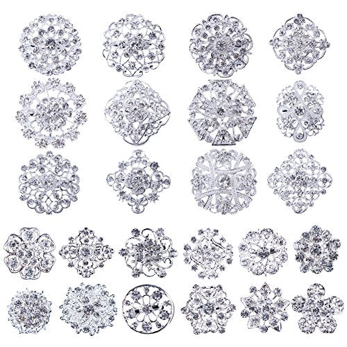MEEJOA Lot 24pc Clear Rhinestone Crystal Flower Brooches Pins Set DIY Wedding Bouquet Broaches Kit