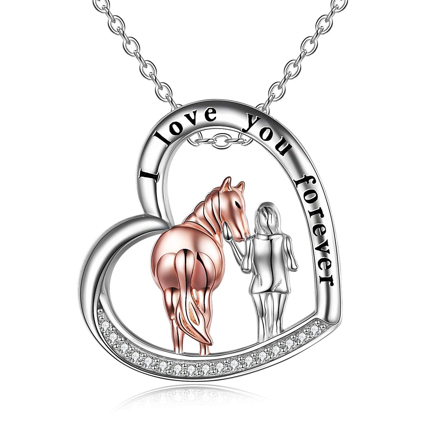 S925 Sterling Silver Horse Necklace Heart Pendant Jewelry Gift For Women Girls (Back of Horse with Girl)