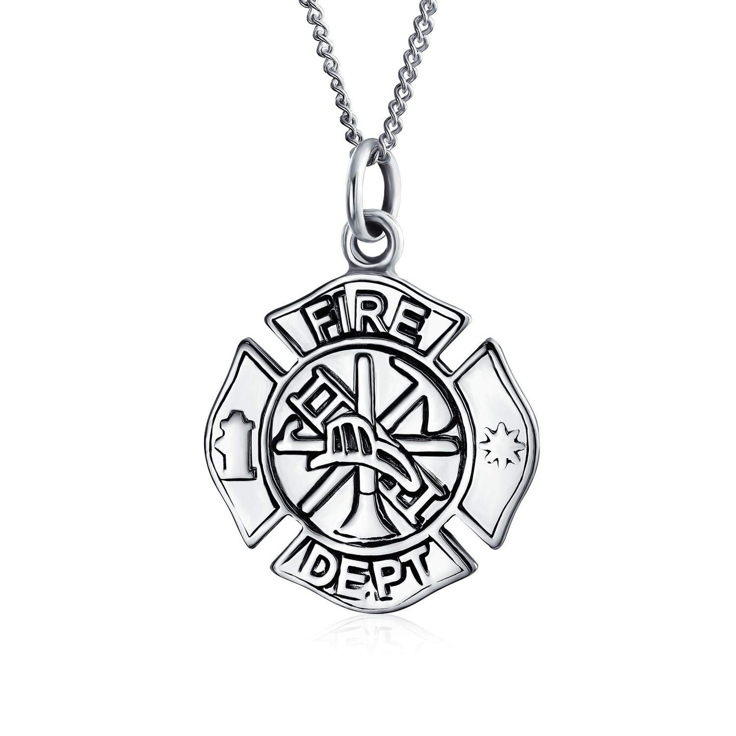 Bling Jewelry Round Small Firefighter Fire Dept Shield Medallion Pendant Necklace For Firemen Wife For Women Sterling Silver 16 Inch