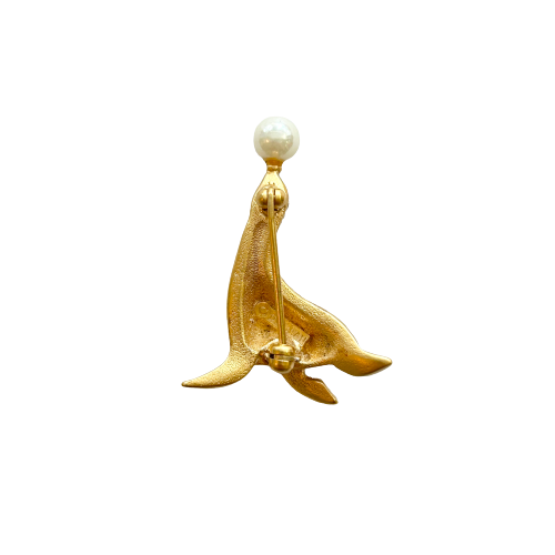 Vintage D'Orlan Swarovski Crystals Sea Lion w/ Pearl Ball Brooch 1980s
