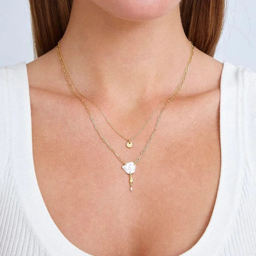 White Pearl Layered Gold Necklace