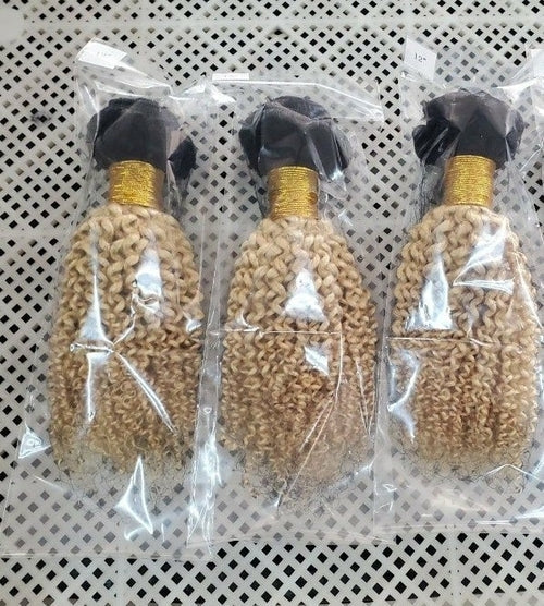 Blonde Kinky Curly #1B/613 Human Hair BUNDLES with CLOSURES & FRONTALS