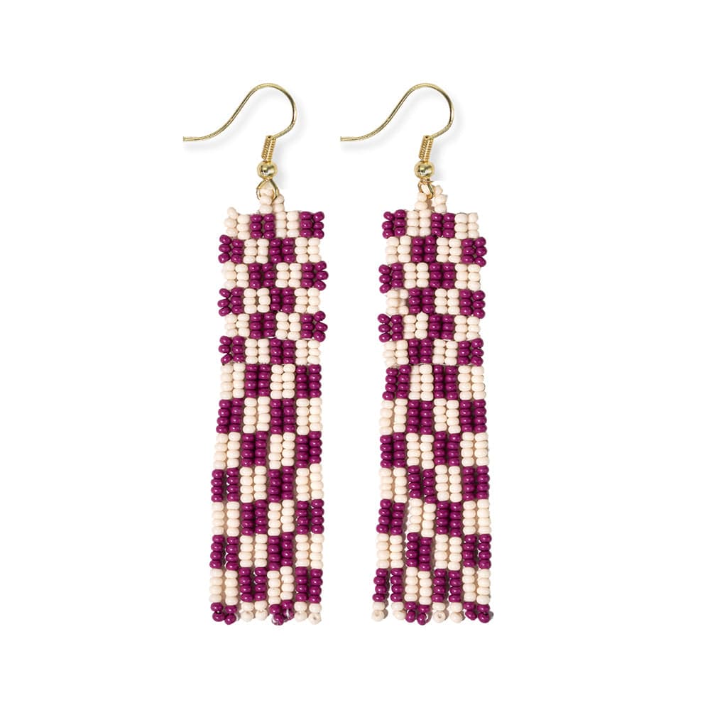 Harriet Woven Top Gingham Beaded Fringe Earrings Magenta
