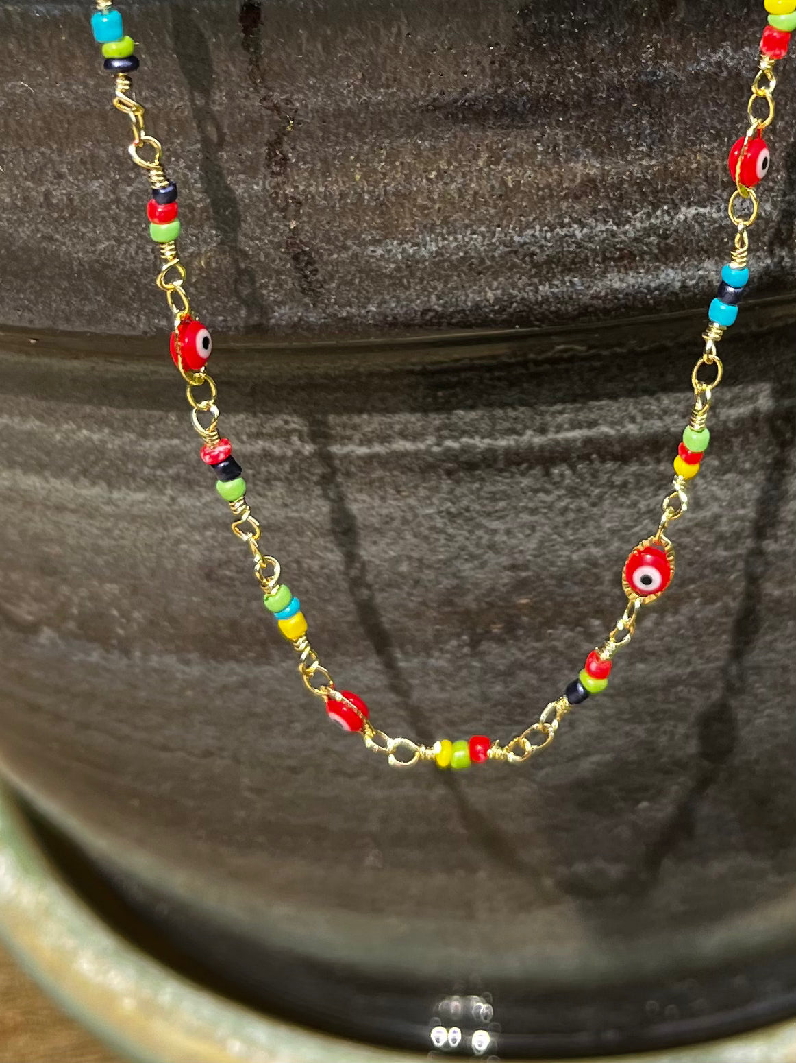 16" Rainbow Beaded Evil Eye Necklace