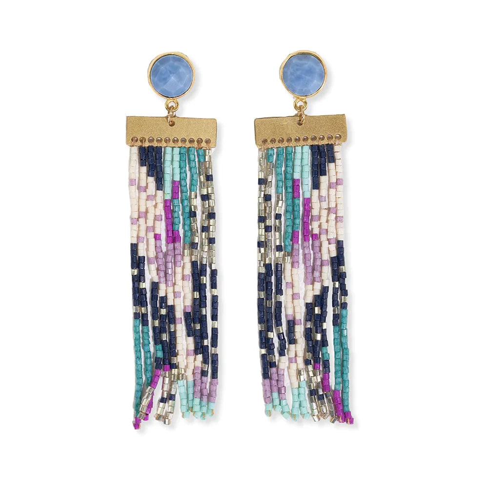 Lilah Semi-Precious Stone Post With Organic Shapes Beaded Fringe Earrings Light Blue
