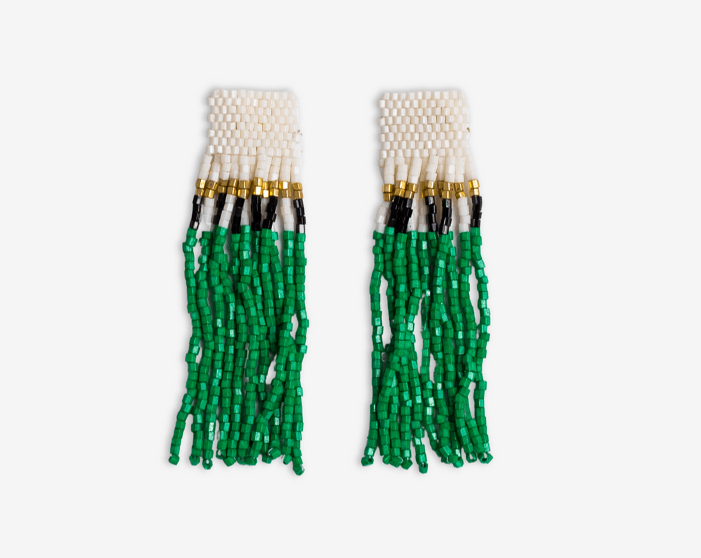 Marilyn Colorblock With Center Vertical Black Stripes Fringe Earrings-Kelly Green