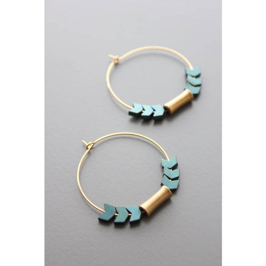 Green Hematite and Brass Hoop Earrings