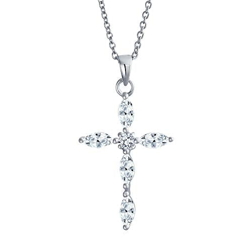 Bling Jewelry Bridal Exquisite Delicate Marquise AAA Cubic Zirconia Religious Cross Pendant Necklace For Women Teens .925 Sterling Silver