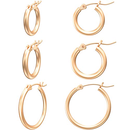 Gacimy Rose Gold Hoop Earrings for Women, 14K Rose Gold Plated Hoops with 925 Sterling Silver Post, Rose Gold 14 16 20mm Small Hoop Earrings for Women