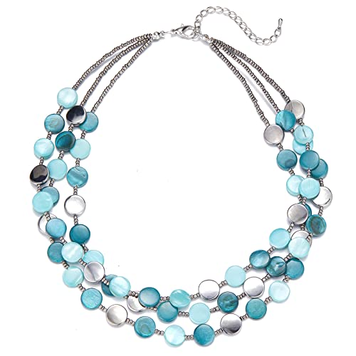 Noessla Layered Beaded Chunky Necklace for Women Boho Two-color Shell Statement Necklace Fashion Collar Costume Jewelry Gifts for Mum(Sea green)