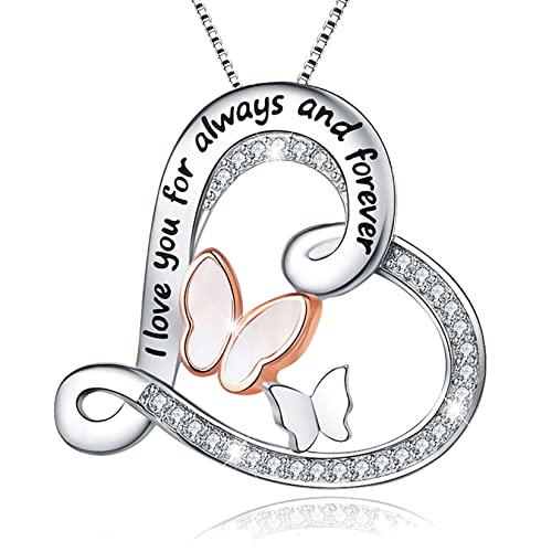 ASLBUNM Butterfly Necklace S925 Sterling Silver I Love You for Always and Forever Love Heart Pendant Necklace Jewelry Christmas Gift for Women Mom Daughter Wife