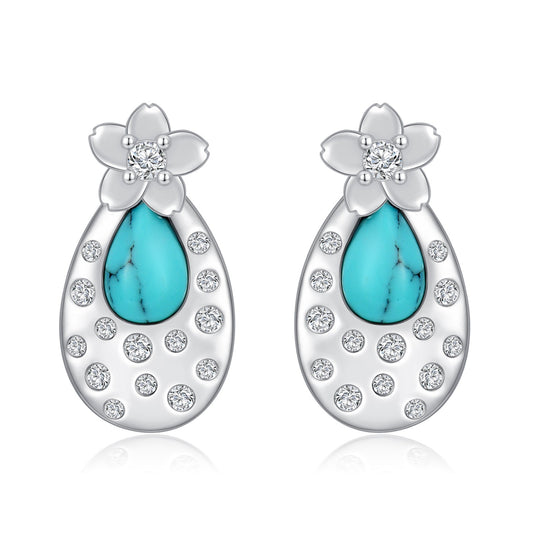 Turquoise Cherry Blossom 925 Sterling Silver Stud Earrings