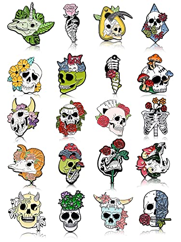 BBTO 20 Pieces Enamel Pins Skull Spooky Skeleton Set Decorative Cartoon Goth Horror Dark Brooch Cute Lapel Buttons for Jacket Backpack Hat Pant Accessories Assorted,White
