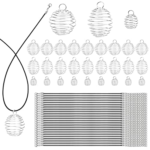 CrazyPiercing 30Pcs 3 Size Spiral Bead Cage Pendant Silver Plated Stone Holder Necklace Cage for DIY Jewelry Making with 30Pcs 18 Inch Adjustable Wax Cotton Necklace Cord (Black)