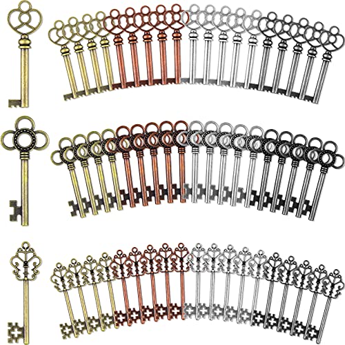 Hotop 60 Pcs Vintage Large Skeleton Key Set Charms Finish Skeleton Key Antique Skeleton Castle Dungeon Pirate Keys for DIY Jewelry Making Wedding Decoration Birthday Party Favors, Mini Treasure Toys