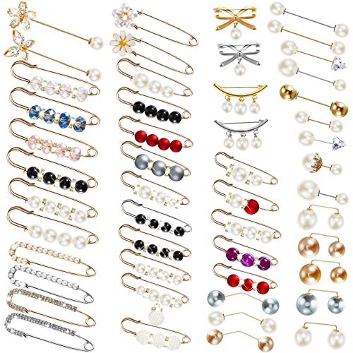 50 Pieces Faux Pearl Brooch Pins Artificial Pearls Sweater Shawl Clips Elegant Hat Safety Pins Decorative Dress Broches Jewelry for Women Faux Crystal Cardigan Clip