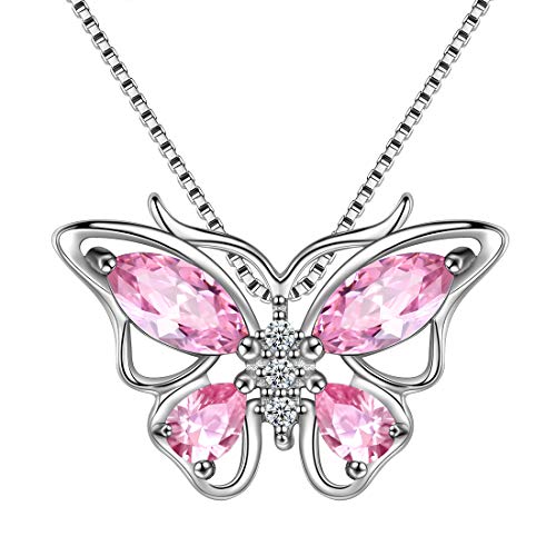 Aurora Tears 925 Sterling Silver Butterfly Necklace,Women Butterflies October-Tourmaline Birthstone Pendant Necklace for Birthday Wedding Gift