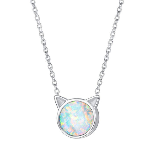 FANCIME Sterling Silver Cat Necklace White Created Opal Cat Pendant Cute Necklace Small Animal Jewerly For Women 18"