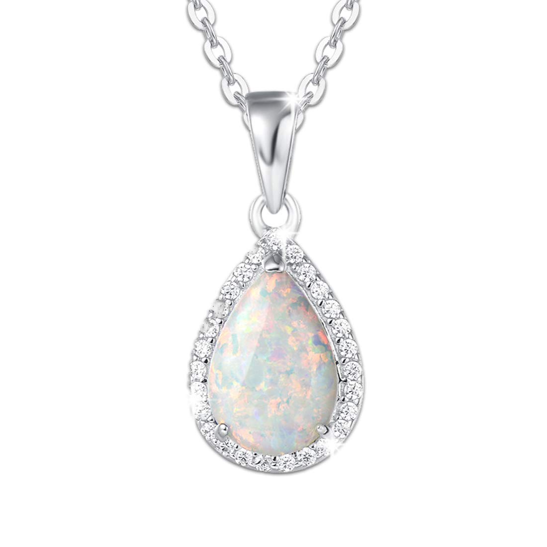 FANCIME Sterling Silver Opal Necklace White Fire Opal Halo Waterdrop Teardrop Pear Shape Opal Pendant October Birthstone Necklace Christmas Jewelry for Women 16”+2”