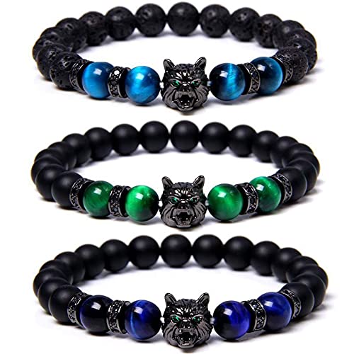 OQSM Save A Wolf Bracelet,Wolf Head Lava Rock Bracelet,Healing Crystal Stress Relief Anti Anxiety Energy Stone Beaded Bracelet,Adjustable Bracelet for Men (Set)