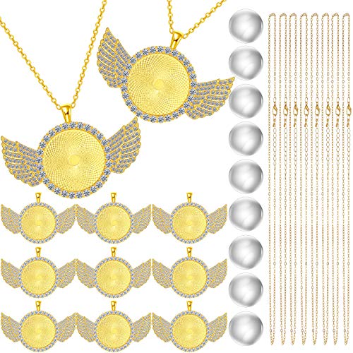 27 Pieces Rhinestone Wing Bezel Pendant Trays and Glass Cabochons and Lobster Clasps Chains Rhinestone Bezel Pendant Trays Set for DIY Jewelry Crafts Making Supplies (Gold)