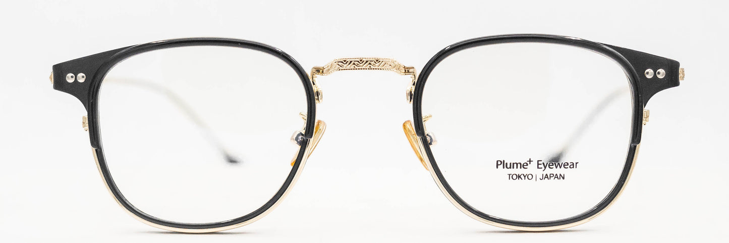 plume+ eyewear 58021 optical eyewear unisex vintage inspired classic plastic acetate stainless steel metal combination glasses square shape black shiny gold front
