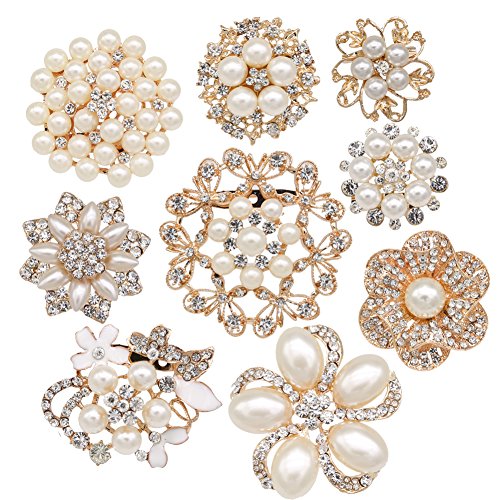 eGlomart Lot 9pcs Rose Gold-Tone Rhinestone brooches, Big Pearl Crystal Wedding Bouquet kit Set