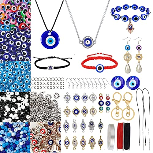 SHUANGART 834 Pcs Evil Eye Beaded Braided Bracelets Making Kit, Lucky Blue Turkish Evil Eye Amulet Wrislet DIY Set with Colorful Glass Eye Pendants for Protecting Blessing Wish Gifts