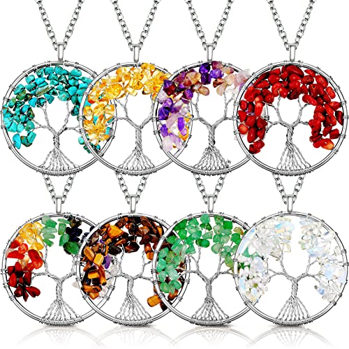 Yaomiao 8 Pieces Life Tree Pendant Charms Gemstone Chakra Crystal Quartz Pendants Chakra Healing Charm for Necklace Earrings Bracelets Jewelry Making, Assorted Colors (Fresh Style)