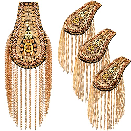 4 Pieces Metal Tassel Link Chain Epaulet Beaded Crystal Shoulder Boards Badge Punk Rivet Shoulder Jewelry Epaulettes Shoulder with Pins for Men and Women Uniform Accessories (Stylish Style, Gold)