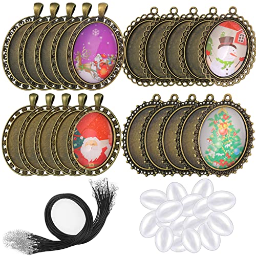ZJMIHUA 60pcs Bronze Pendant Trays Set for Jewelry Making, 20pcs Oval Bezel Pendant Trays Blanks, earrings and bracelets, 20pcs Glass Cabochons and 20pcs Necklaces Cords for DIY Jewelry Crafts