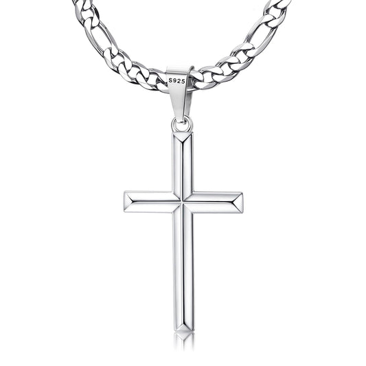 MILACOLATO 925 Sterling Silver Cross Necklace for Men Women 5mm Strong Diamond-Cut Stainless Steel Figaro Link Chain 24 Inches Womens Mens Cross Pendant Chain Necklace Jewelry