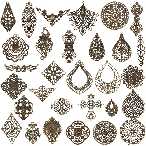 180 Pieces Filigree Connectors Charms Pendants Antique Bronze Iron Filigree Connector Charm Pendants Tibetan Metal Filigree Findings Embellishments for DIY Hairpin Necklace Jewelry Making (30 Style)