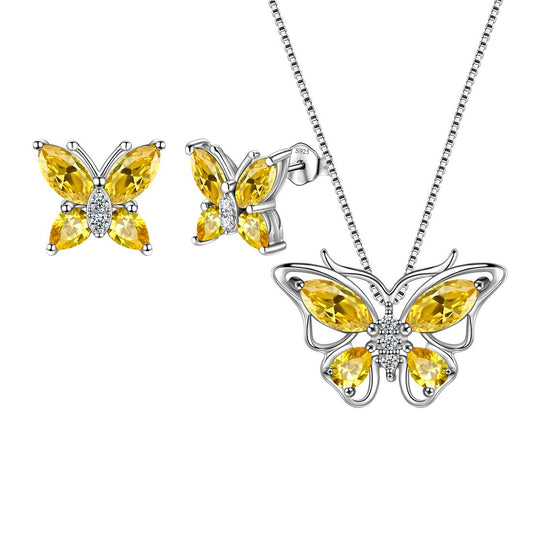 Aurora Tears Butterfly Jewelry Set,925 Sterling Silver Butterflies November-Citrine Birthstone Pendant Necklace/Earrings for Women Teen Girls